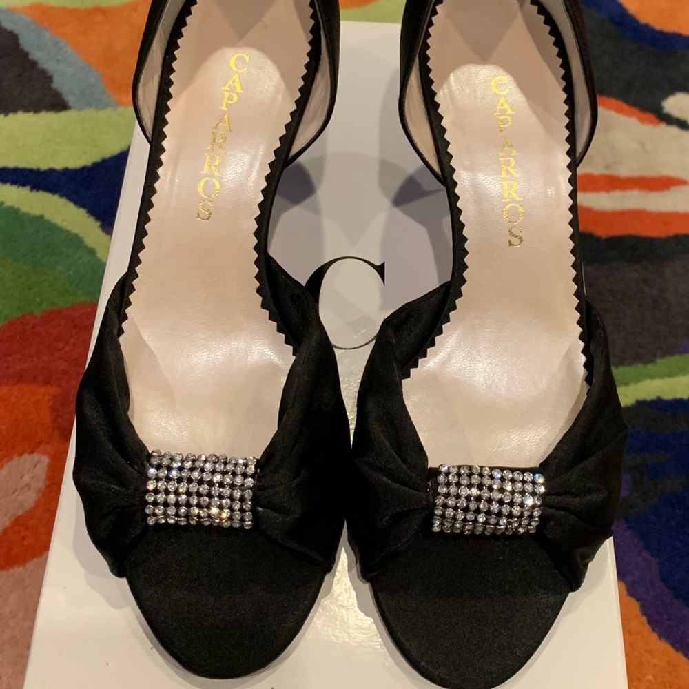 Carlos Black Satin Open Toe Heels